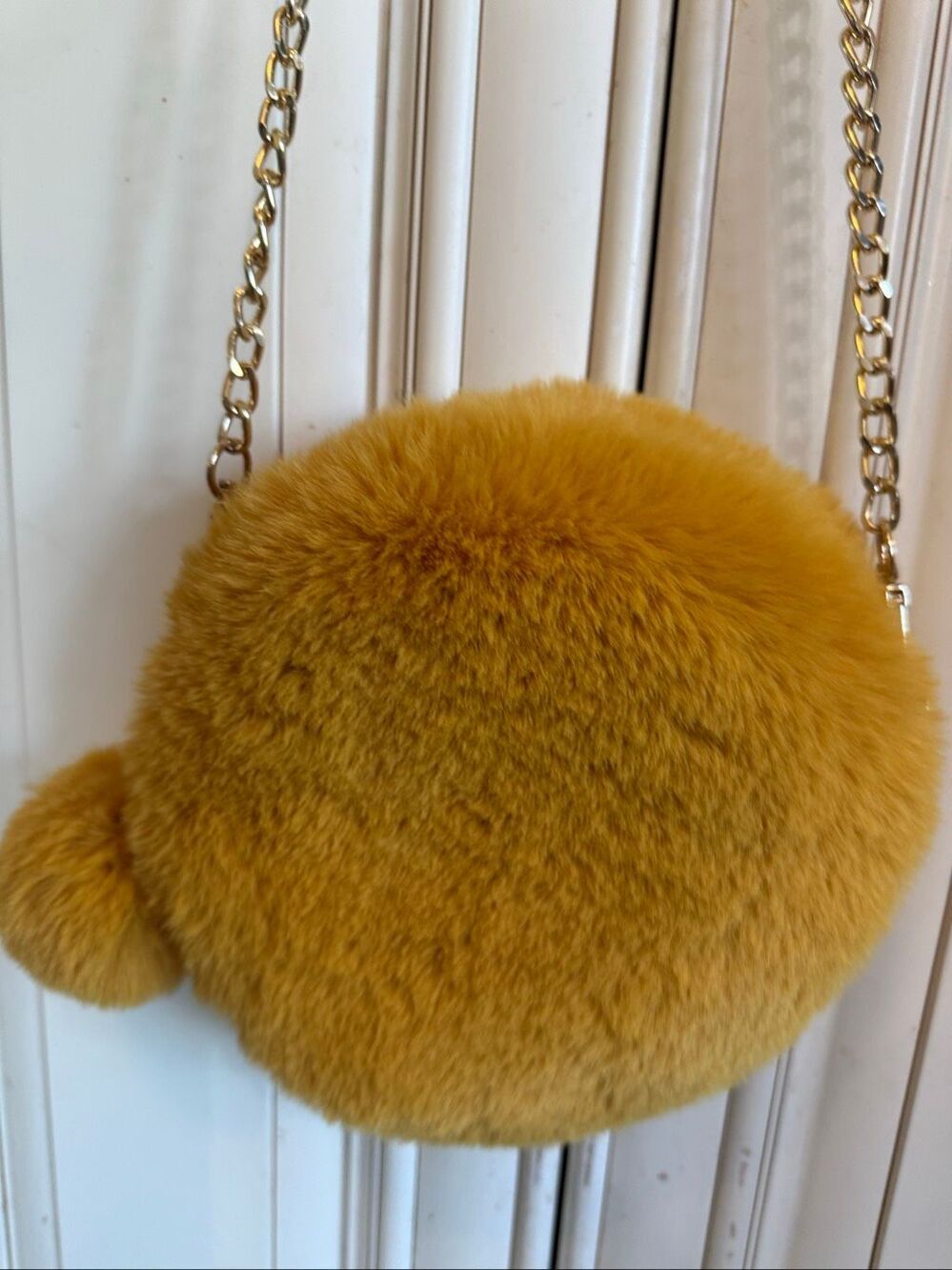 3AM Forever Women's Faux Fur Plush Pom Pom Crossbody Bag Mustard Small NWOT